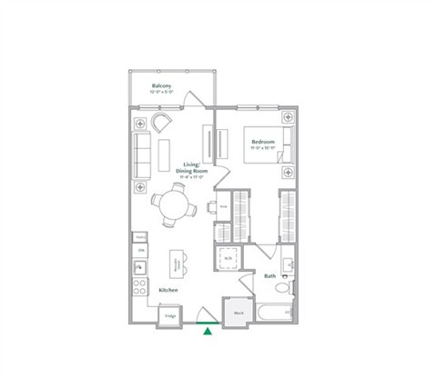 Floor plan for 1 bed, 1 bath, 702 sqft
