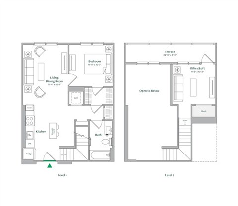 Floor plan for 1 bed, 1 bath, 837 sqft