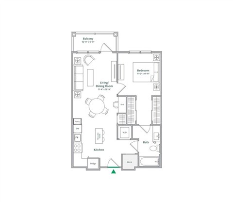 Floor plan for 1 bed, 1 bath, 702 sqft