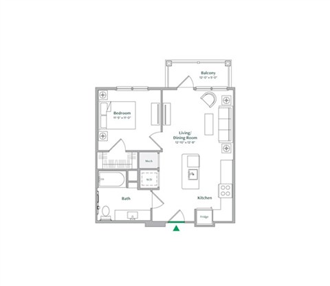Floor plan for 1 bed, 1 bath, 629 sqft