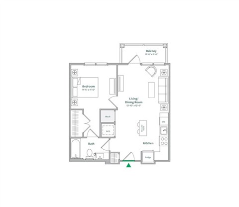 Floor plan for 1 bed, 1 bath, 629 sqft