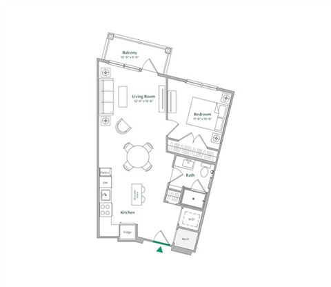 Floor plan for 1 bed, 1 bath, 671 sqft