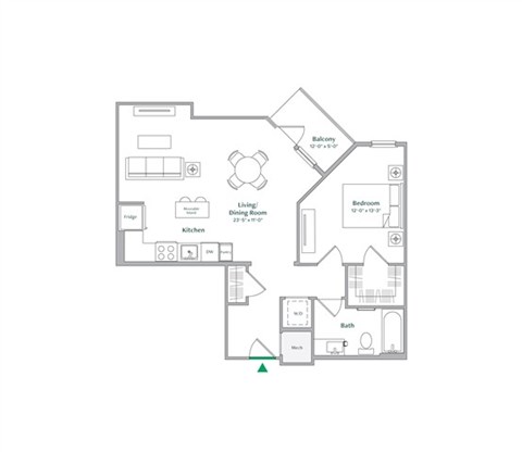Floor plan for 1 bed, 1 bath, 761 sqft
