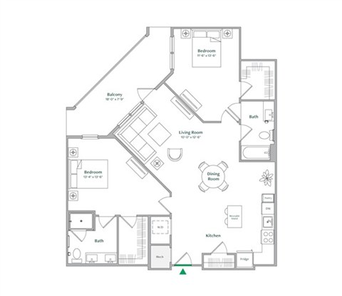 Floor plan for 2 beds, 2 baths, 1235 sqft