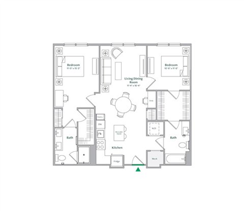 Floor plan for 2 beds, 2 baths, 1024 sqft