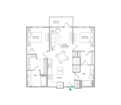 Floor plan for 2 beds, 2 baths, 1025 sqft