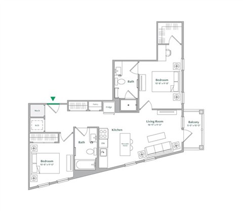 Floor plan for 2 beds, 2 baths, 897 sqft