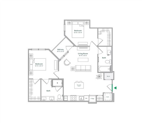 Floor plan for 2 beds, 2 baths, 997 sqft