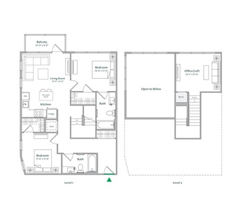 Floor plan for 2 beds, 2 baths, 1166 sqft