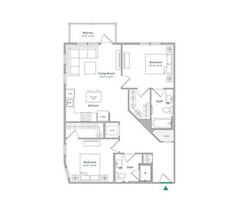Floor plan for 2 beds, 2 baths, 990 sqft