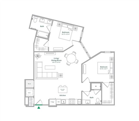 Floor plan for 2 beds, 2 baths, 1134 sqft