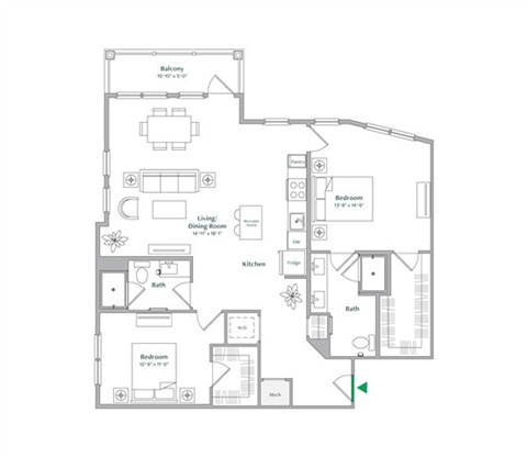 Floor plan for 2 beds, 2 baths, 1276 sqft
