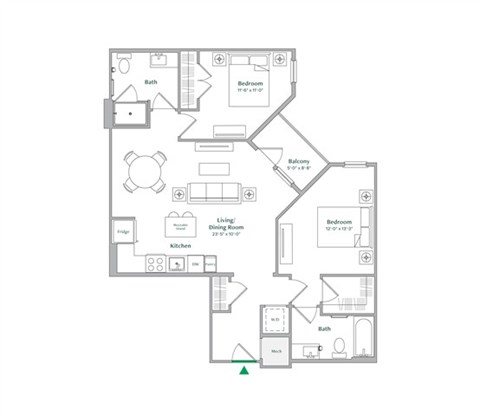 Floor plan for 2 beds, 2 baths, 997 sqft