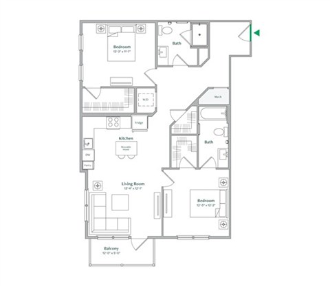 Floor plan for 2 beds, 2 baths, 1103 sqft
