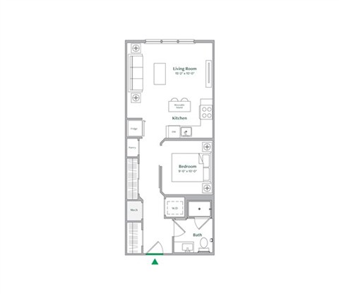 Floor plan for 1 bed, 1 bath, 600 sqft