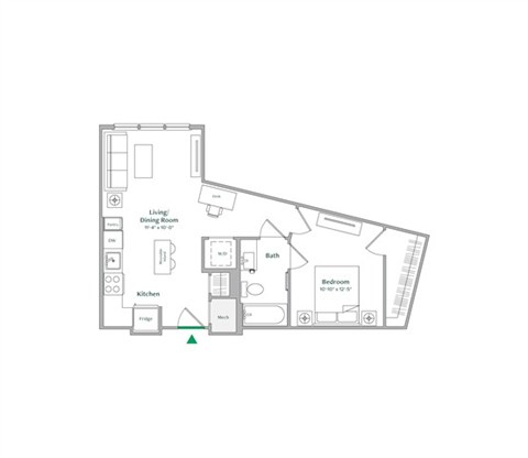 Floor plan for 1 bed, 1 bath, 619 sqft