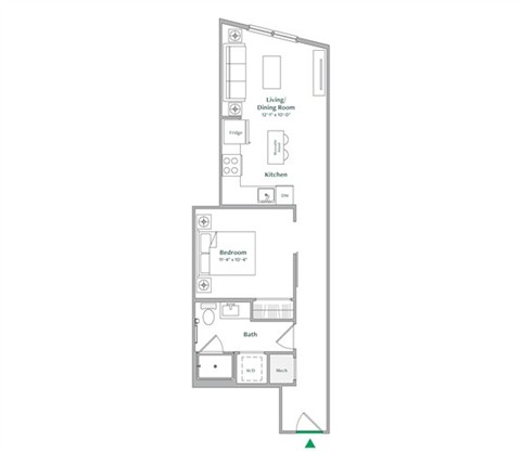 Floor plan for 1 bed, 1 bath, 634 sqft
