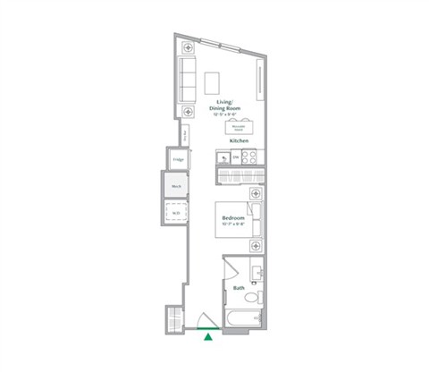 Floor plan for studio, 1 bath, 524 sqft