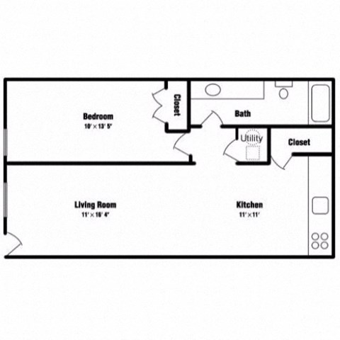 Floor plan for 1 bed, 1 bath, 600 sqft