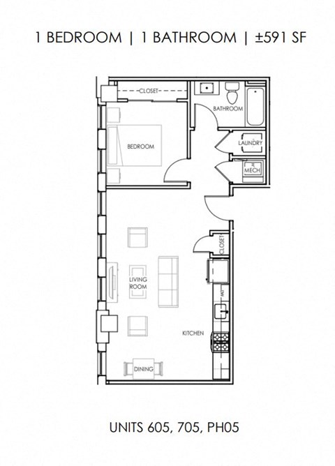 Floor plan for 1 bed, 1 bath, 591 sqft