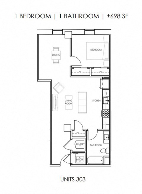 Floor plan for 1 bed, 1 bath, 698 sqft