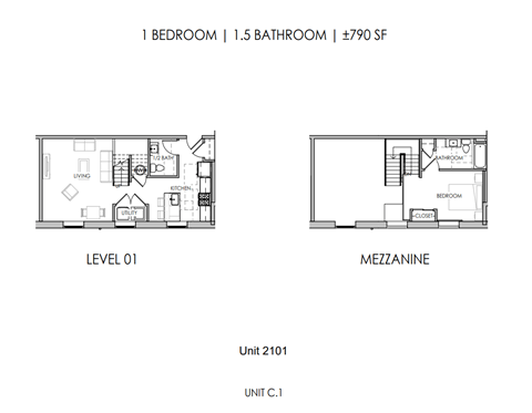 Floor plan for 1 bed, 1.5 baths, 660 sqft