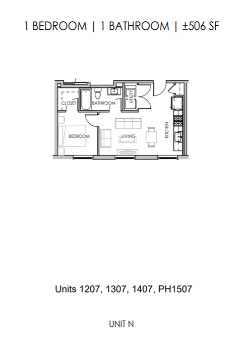 Floor plan for 1 bed, 1 bath, 575 sqft