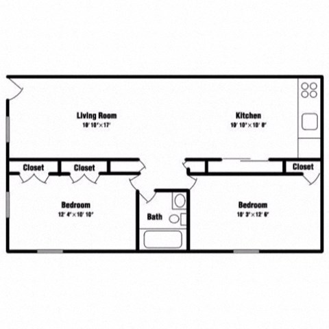 Floor plan for 2 beds, 1 bath, 700 sqft
