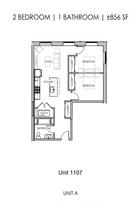 Floor plan for 2 beds, 1 bath, 805 sqft