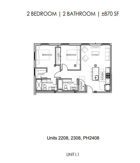 Floor plan for 2 beds, 2 baths, 870 sqft
