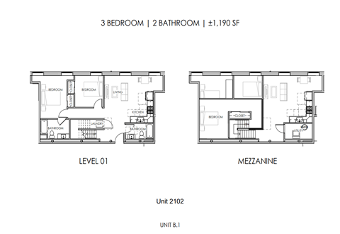 Floor plan for 3 beds, 2 baths, 1190 sqft