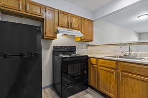 Carbondale apartment for rent - a kitchen with black appliances and wooden cabinets and a sink