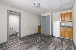 Carbondale apartment for rent - the living room and kitchen of an apartment with a refrigerator and a sink
