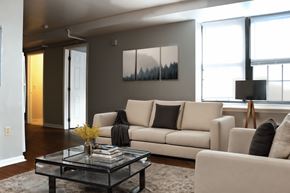 Philadelphia apartment for rent - a living room with a couch and a coffee table