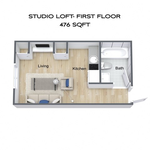 Floor plan for studio, 1 bath, 476 sqft
