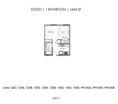 Floor plan for studio, 1 bath, 465 sqft