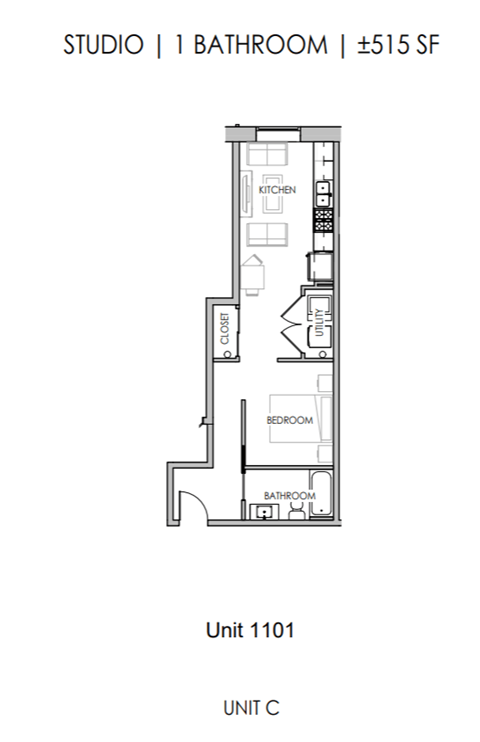 Floor plan for studio, 1 bath, 515 sqft