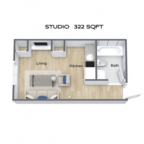 Floor plan for studio, 1 bath, 322 sqft