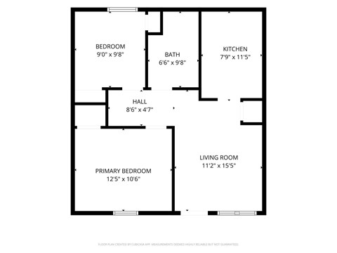 Floor plan for 2 beds, 1 bath, 609 sqft