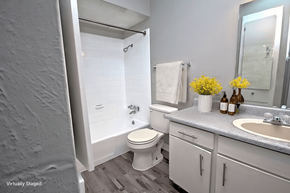 Dallas apartment for rent - A bathroom with a toilet, sink, and mirror.