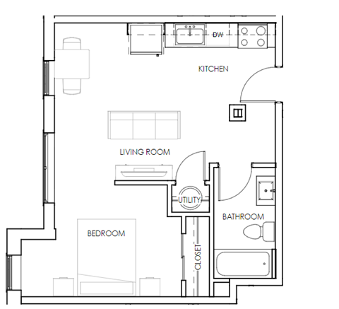 Floor plan for studio, 1 bath, 498 sqft