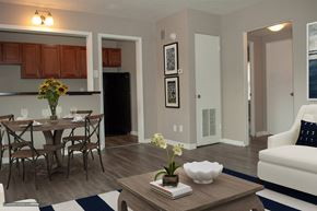 Indianapolis apartment for rent - A modern kitchen with a dining table set for two.