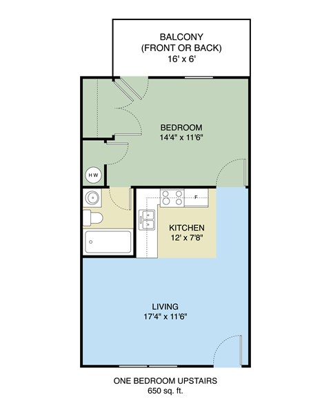 Floor plan for 1 bed, 1 bath, 650 sqft