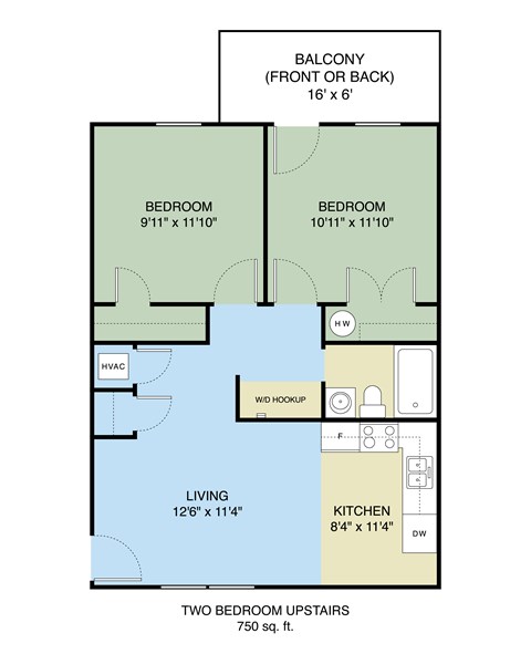 Floor plan for 2 beds, 1 bath, 750 sqft