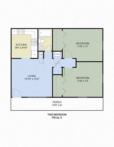 Floor plan for 2 beds, 1 bath, 750 sqft