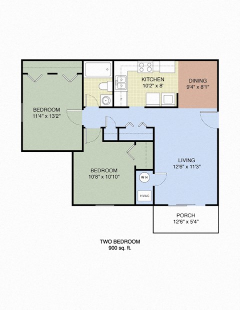Floor plan for 2 beds, 1 bath, 900 sqft