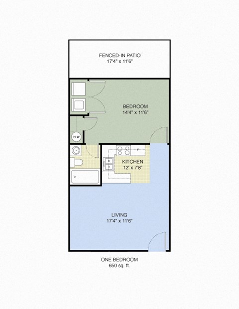 Floor plan for 1 bed, 1 bath, 650 sqft