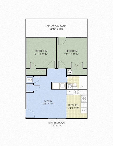 Floor plan for 2 beds, 1 bath, 750 sqft