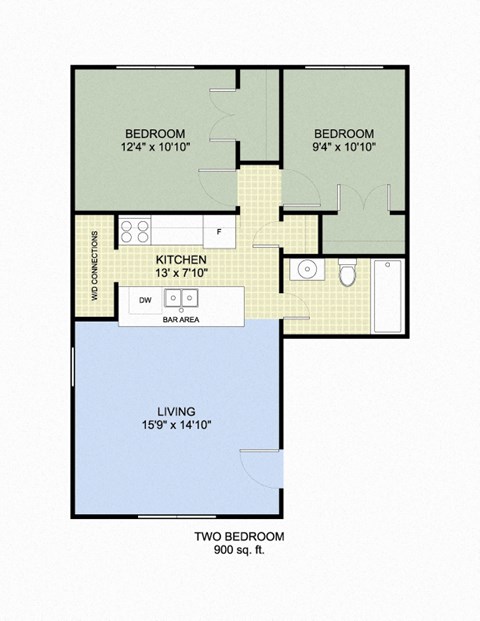 Floor plan for 2 beds, 1 bath, 900 sqft