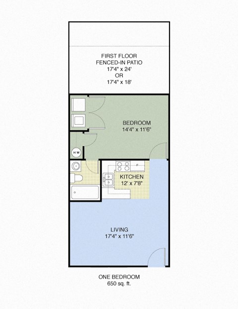 Floor plan for 1 bed, 1 bath, 650 sqft